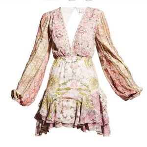 Hemant & Nandita Maya pink floral paisley ruffle V neck long sleeve mini dress S